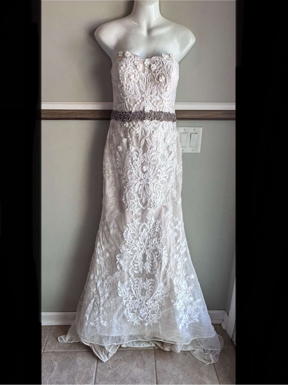 Oleg Cassini Ivory Strapless Beaded Lace Sheath Wedding Dress CWG738​​